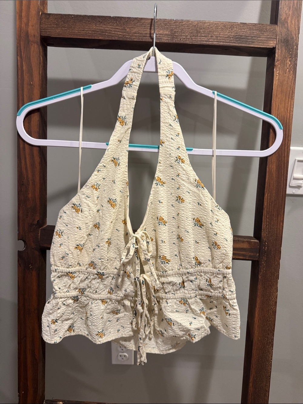 Cream Floral Halter Tie-Front Camisole Top
